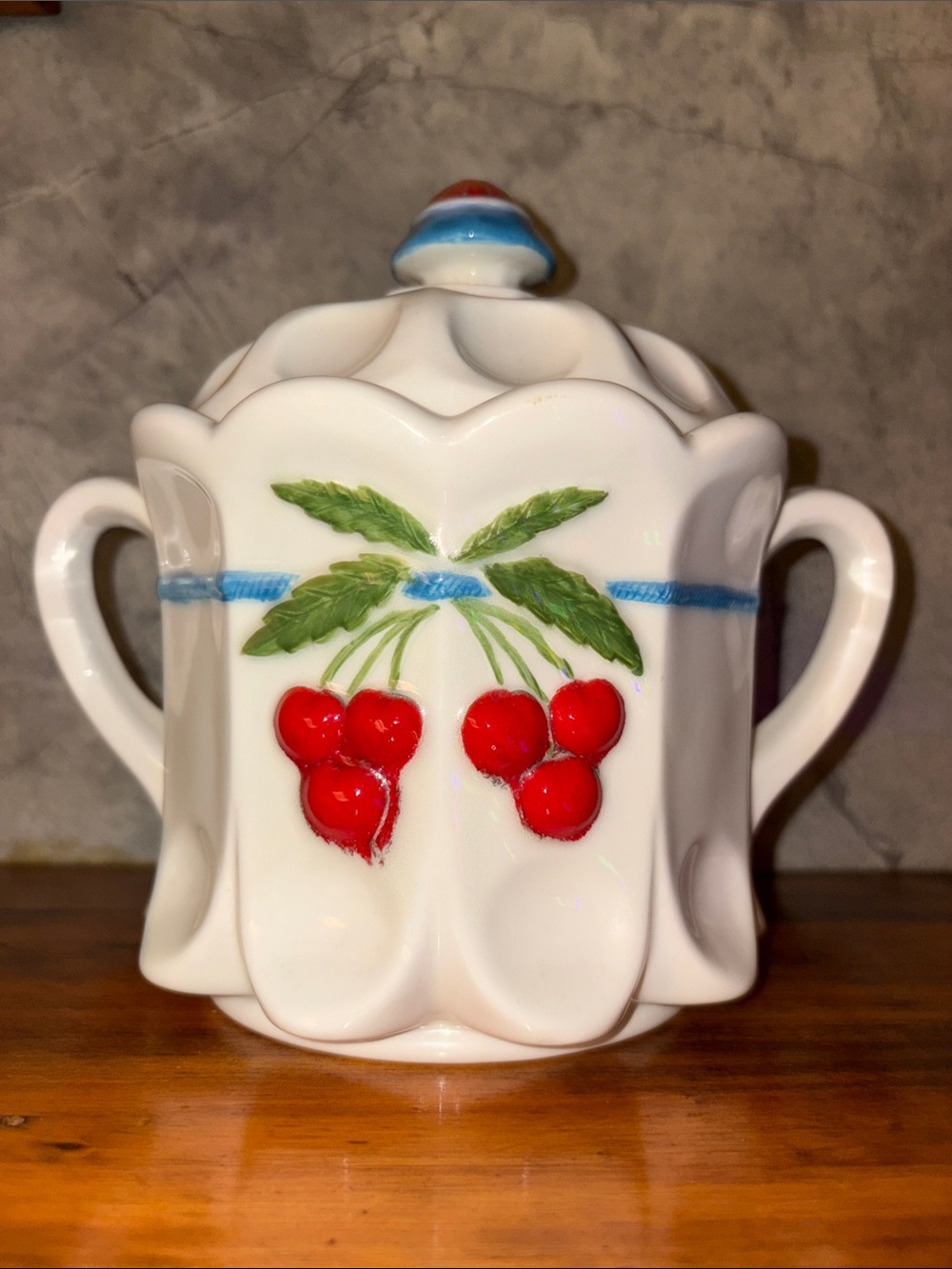 Classic Vintage White Ceramic Cherry Motif Cookie Jar or Sugar Bowl with Lid